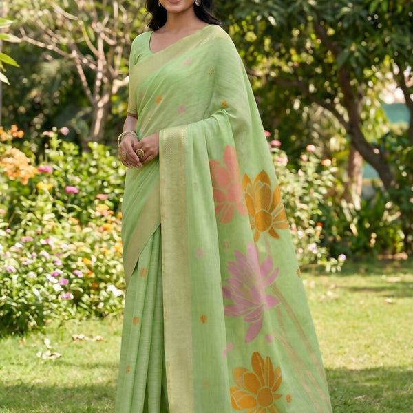 Shree Shyam Fashion Green Linen Cotton Saree - Distacart