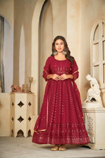 Thumbnail for Jyoti Fashion Women's Maroon Georgette Embroidered Anarkali Kurta Pant Set With Dupatta - Distacart