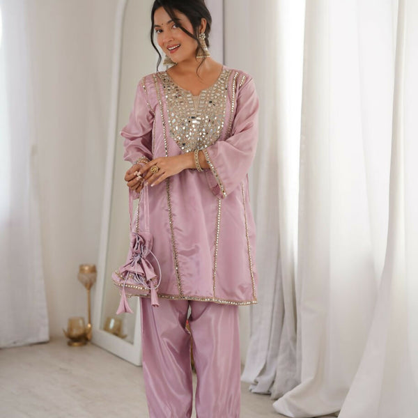 Teeya Creation Womens New Wedding Wear Pink Color With Mirror & Lace Work Kurta Pant Set - Dista