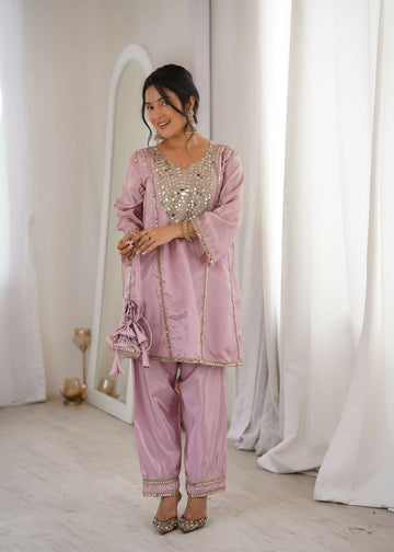 Teeya Creation Womens New Wedding Wear Pink Color With Mirror & Lace Work Kurta Pant Set - Dista
