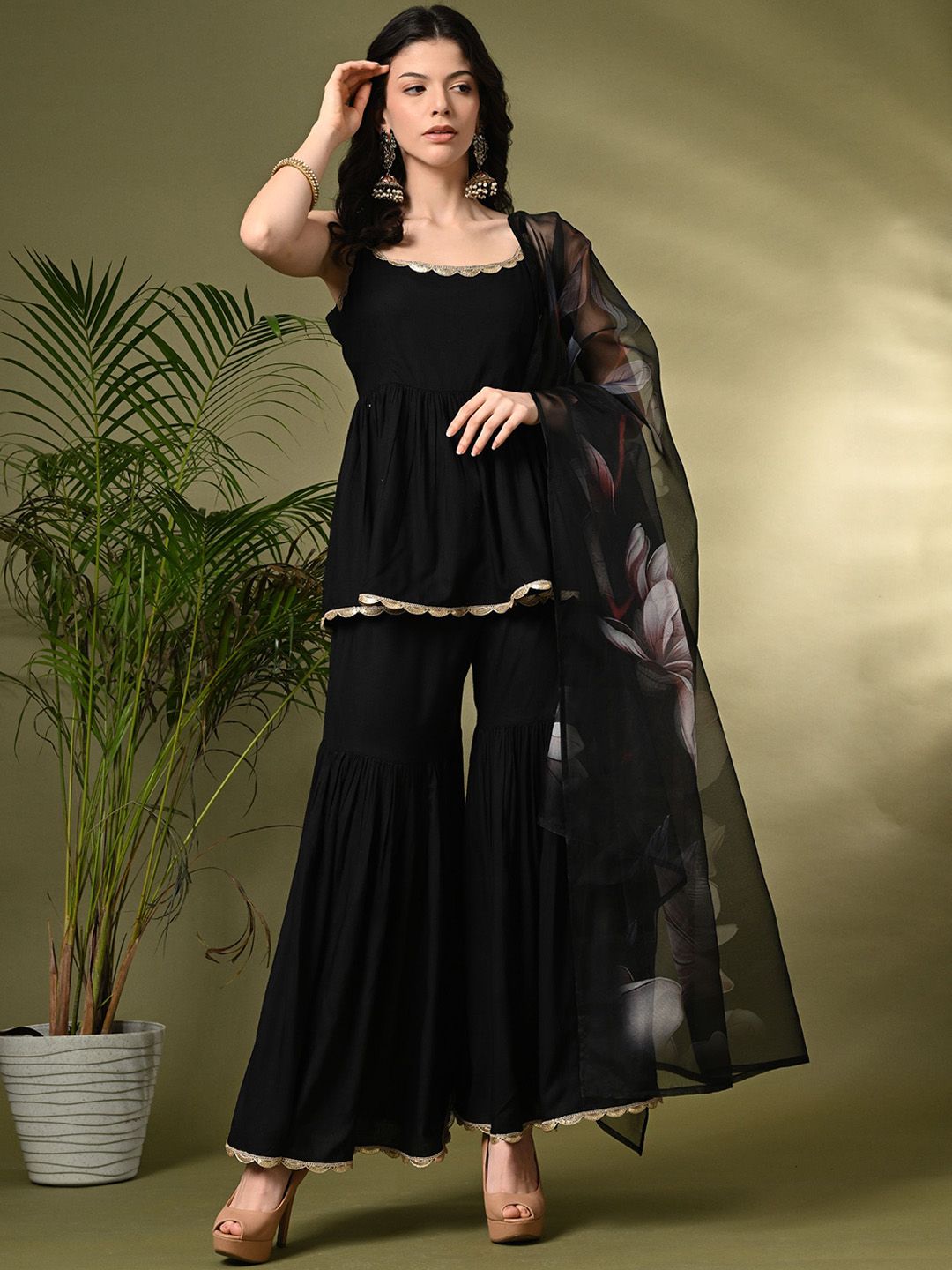 Sangria A-Line Kurti With Sharara & Dupatta