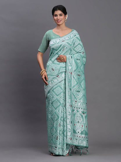 Shree Shyam Fashion Linen Cotton Sea Green Saree - Distacart
