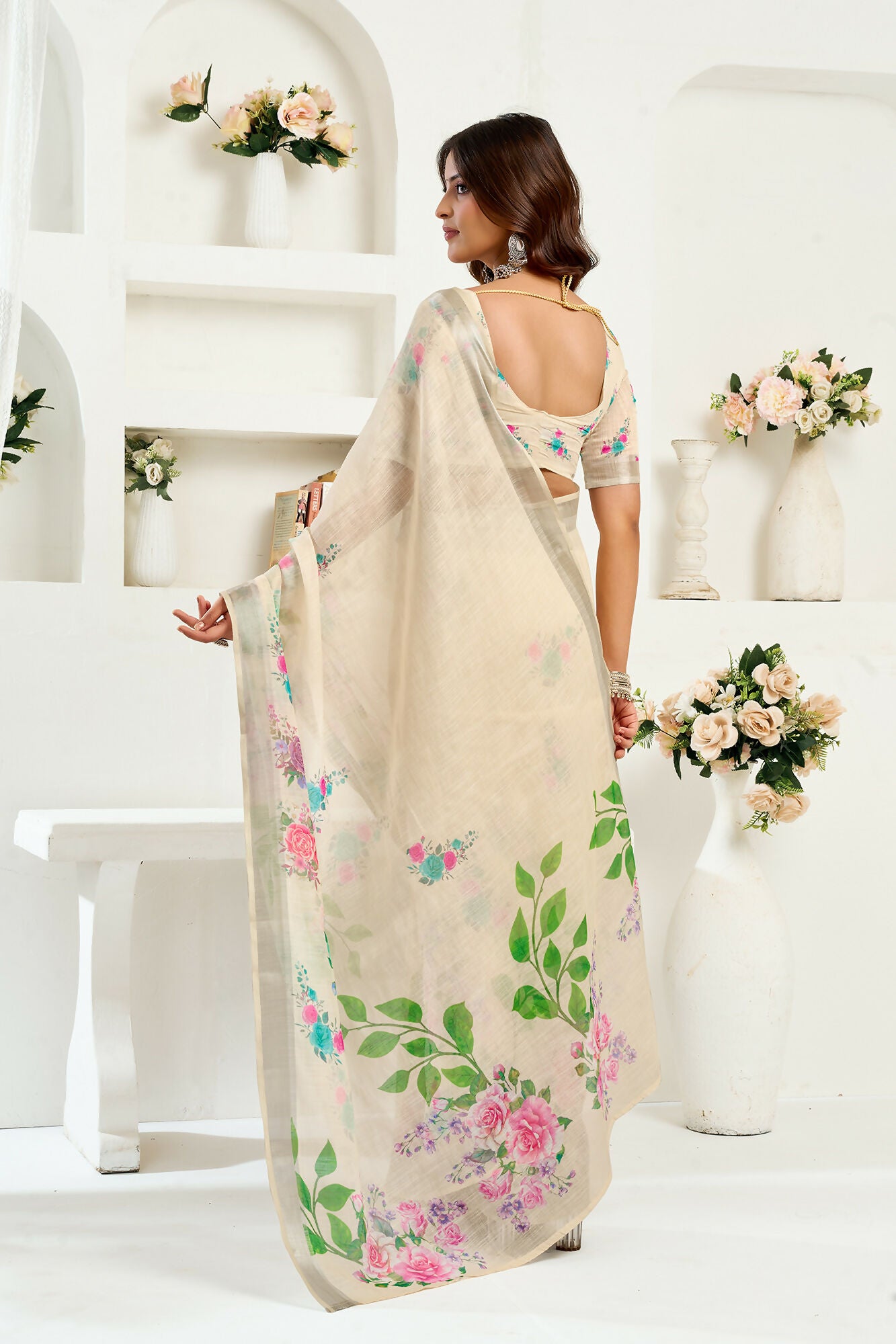 Vastranavya Cream Digital Printed Linen Ready To Wear Designer Saree with Unstitched Blouse - Distacart