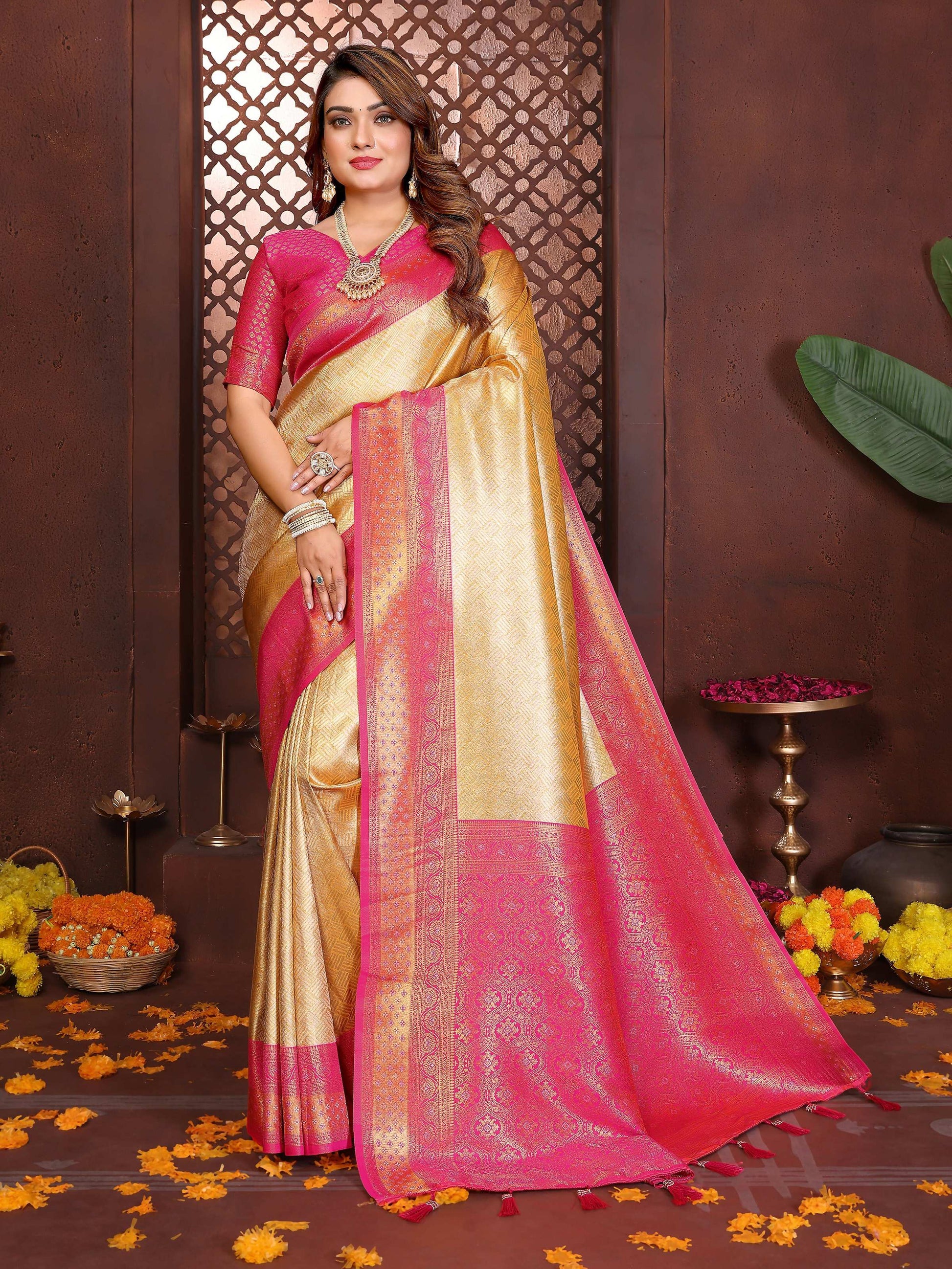 Aastha Fashion Cream Tissue Silk Woven Saree - Distacart