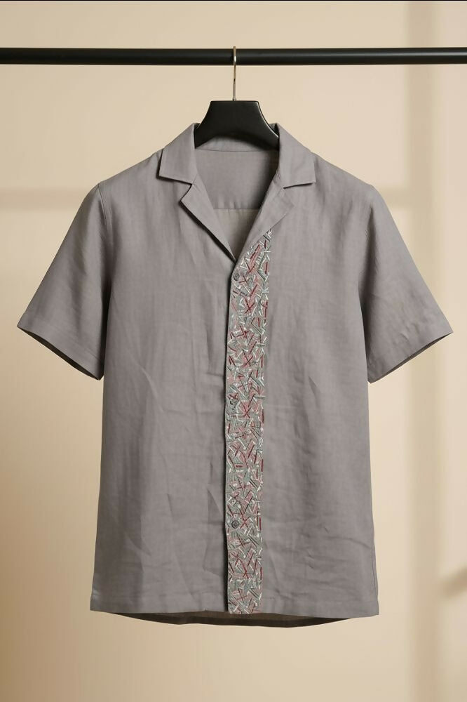 Driftstone — Grey Embroidered Linen Shirt by Hilo Design - Dista
