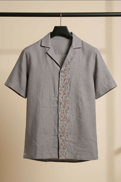 Driftstone — Grey Embroidered Linen Shirt by Hilo Design - Dista