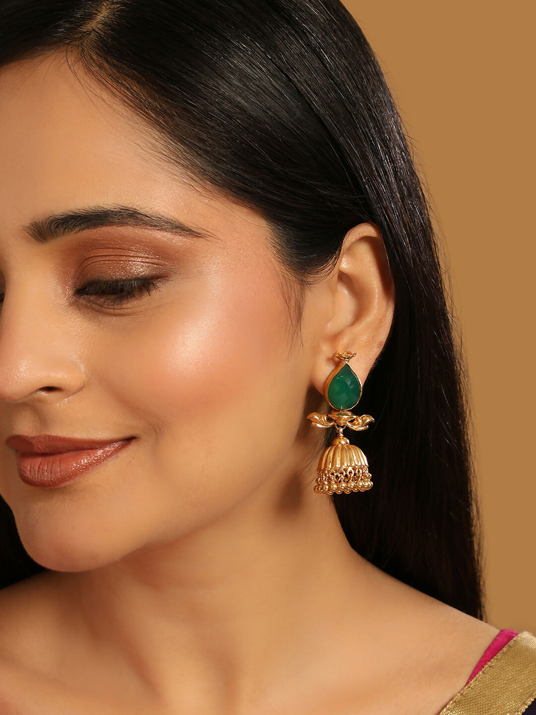 Nuyug 22K Gold Plated Emerald Stone Studded Ethnic Jhumkas