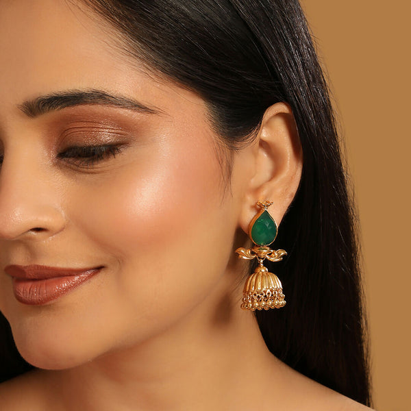 Nuyug 22K Gold Plated Emerald Stone Studded Ethnic Jhumkas
