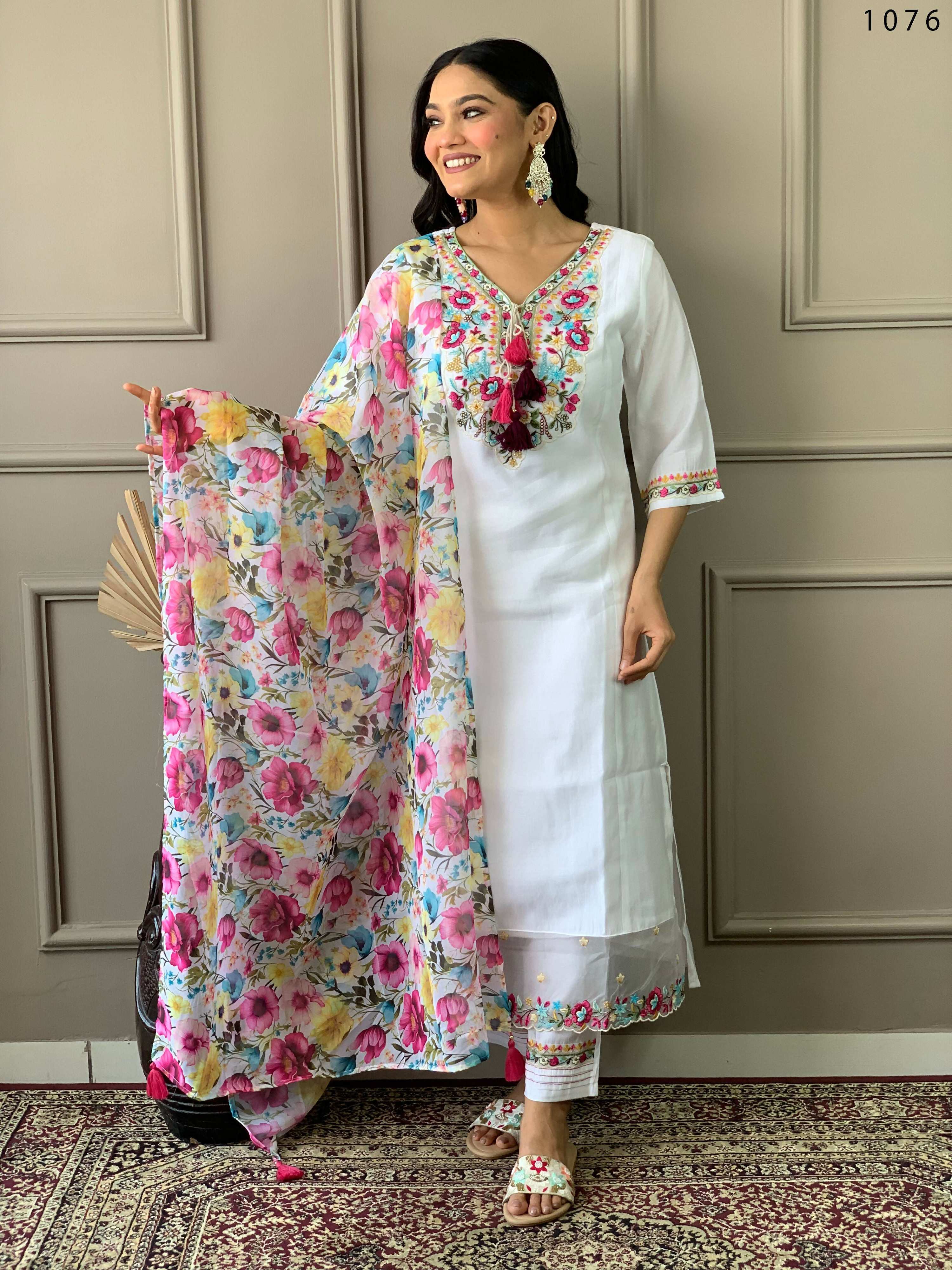 Partywear Designer Chanderi With Cotton Lining White Stitched Suit With Dupatta - Tanisha - Distacart