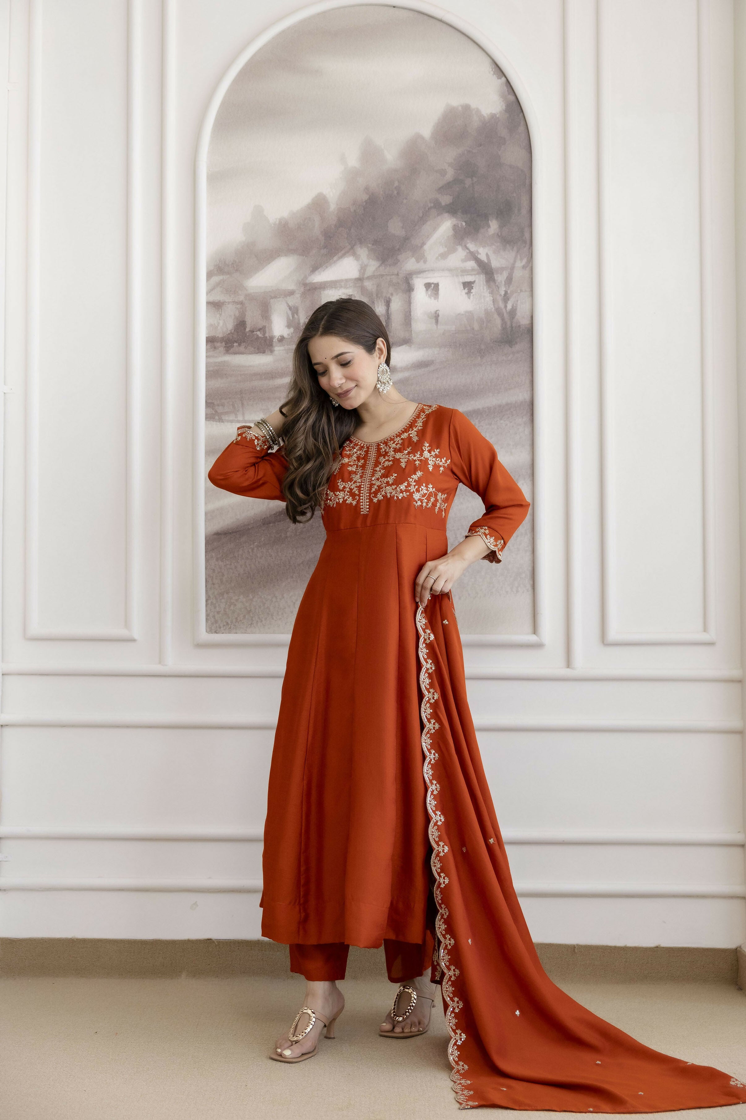 The52 Orange Women's Beautiful Vichitra Silk Fabric Embroidered Work Flared Anarkali Pant and Dupatta Set