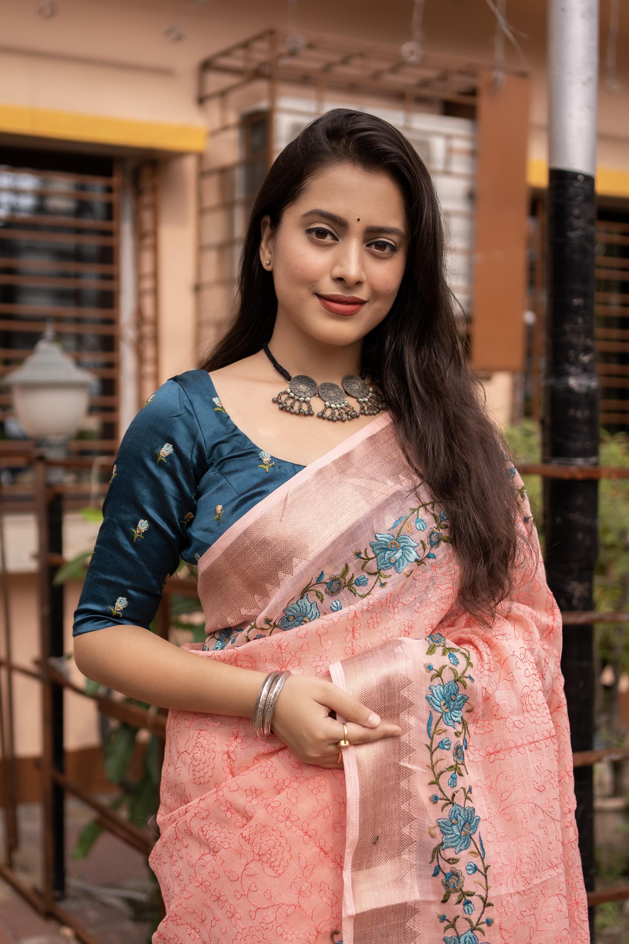 Pink Pure Linen Woven Design Saree with Unstitched Blouse - Hiral Fashion - Distacart