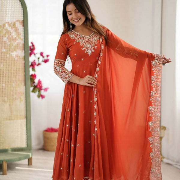 Teeya Creation Orange Color Faux georgette Embroidery Work Wedding Wear Gown