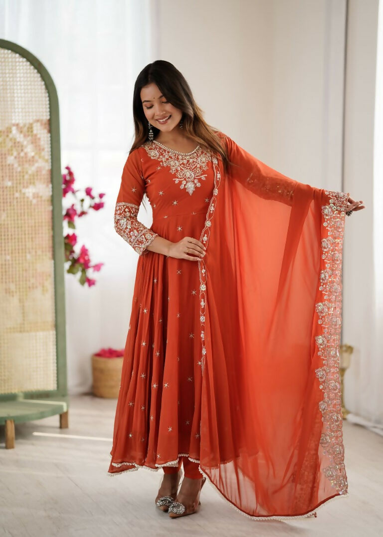 Teeya Creation Orange Color Faux georgette Embroidery Work Wedding Wear Gown