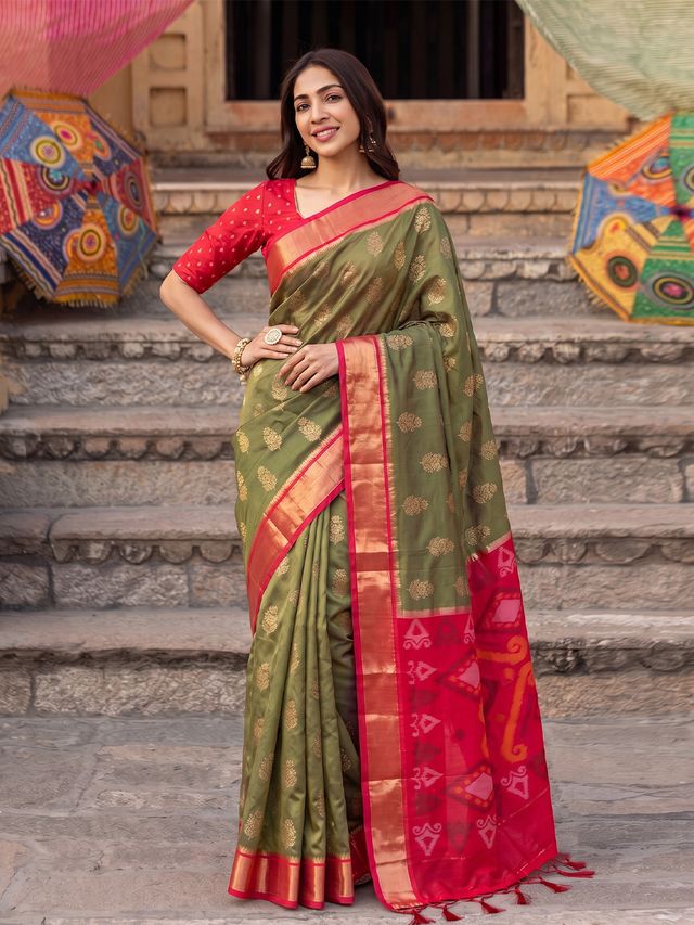 Shree Shyam Fashion Olive Green & Red Woven Work Soft Silk Fabric Festive Wear Saree With Blouse