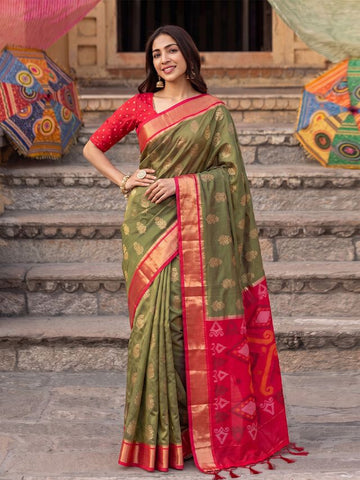 Shree Shyam Fashion Olive Green & Red Woven Work Soft Silk Fabric Festive Wear Saree With Blouse - Dista