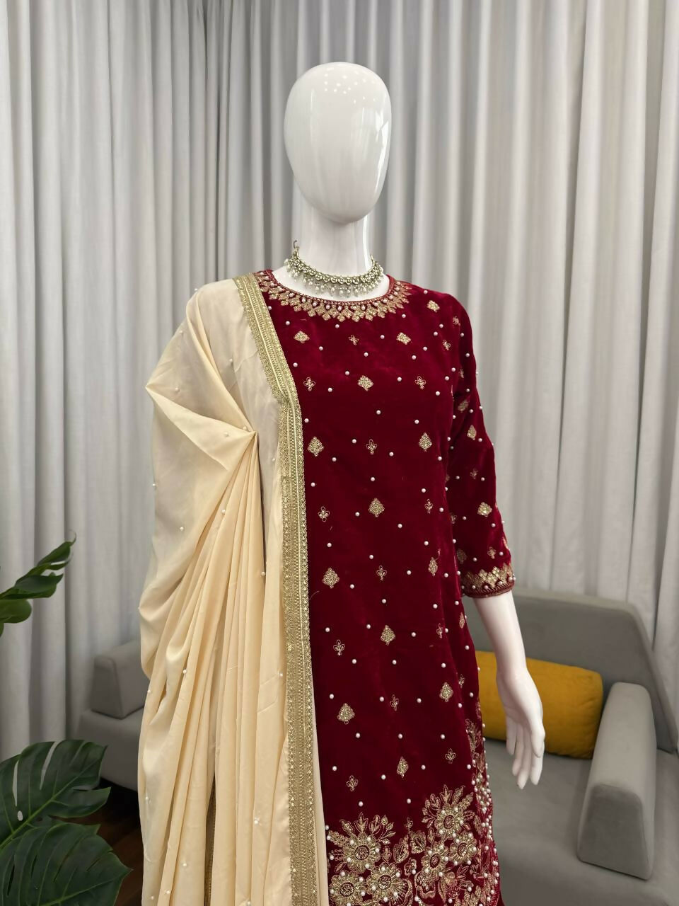Vastranavya Maroon Viscose Velvet Intricate Thread & Sequence With Pearl Work Top Palazzo With Dupatta