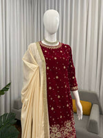 Thumbnail for Vastranavya Maroon Viscose Velvet Intricate Thread & Sequence With Pearl Work Top Palazzo With Dupatta