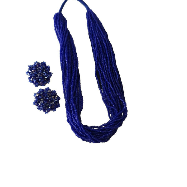 Inhanns Vibrant Handmade 20 Layers Beaded Necklace With Matching Earrings - Blue - Distacart