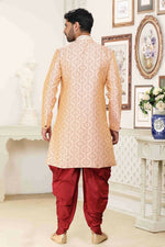 Thumbnail for Raivat Ethnic Banarasi Jacquard Embroidery Semi Indo Western Sherwani In Cream Maroon Colour