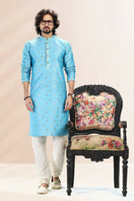 Thumbnail for Raivat Ethnic Jacquard Banarasi Silk Pintux Work Kurta Pajama In Blue Colour - Distacart