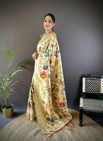 Thumbnail for Joban Fashion Off-White  Zari Woven Floral Motifs Soft Silk Paithani Silk Saree - Distacart