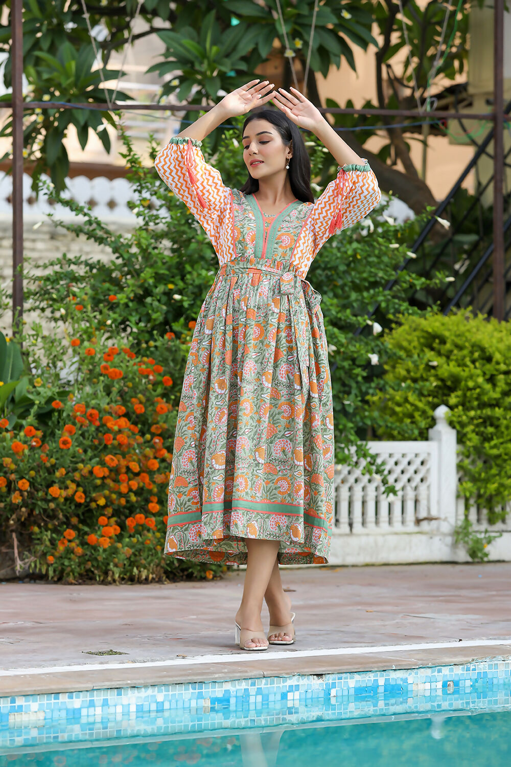 Kaajh Women's Orange Hand Block Printed Dress - Distacart