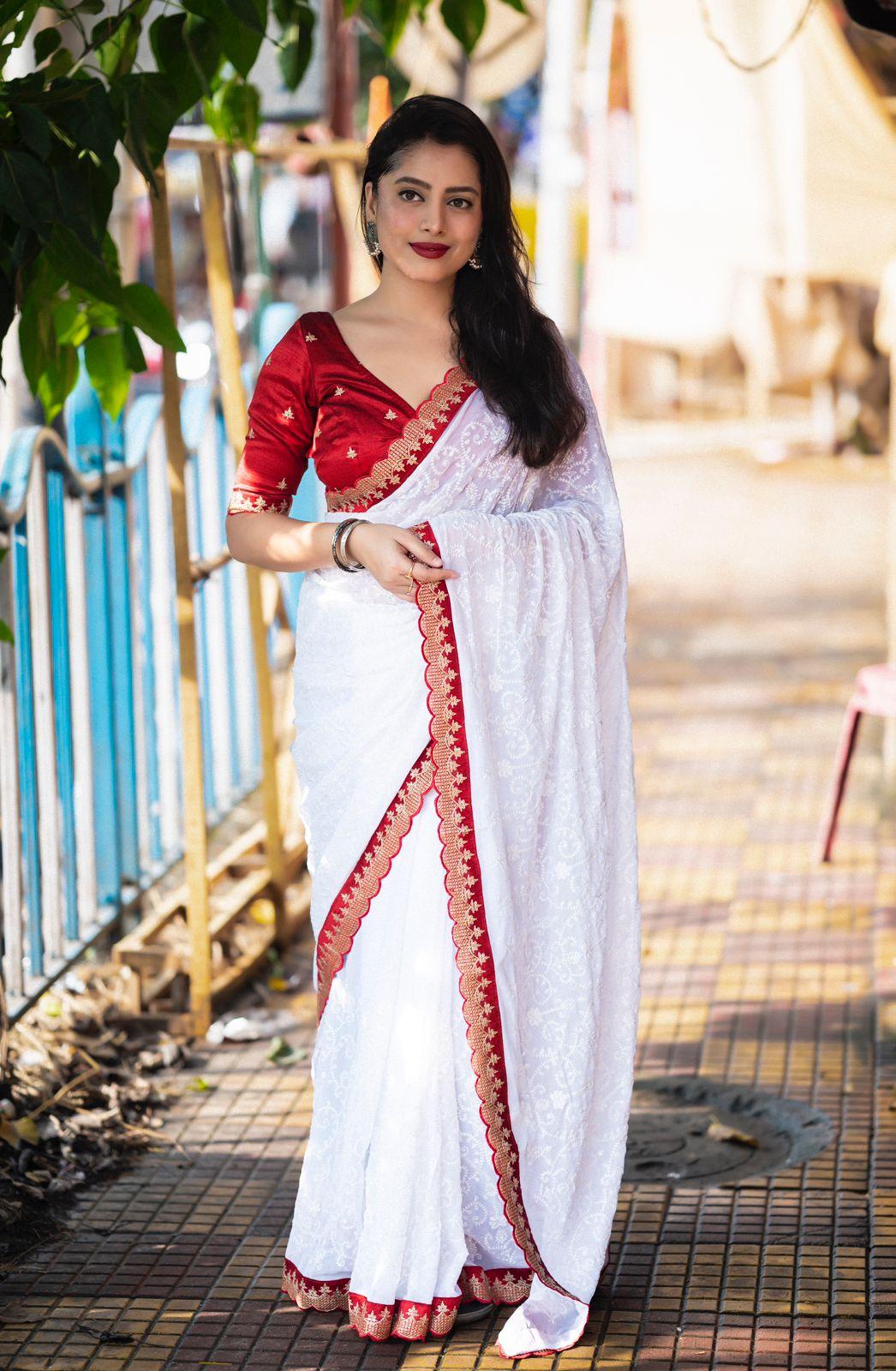 White Pure Georgette Woven Design Saree with Unstitched Blouse - A2M - Distacart