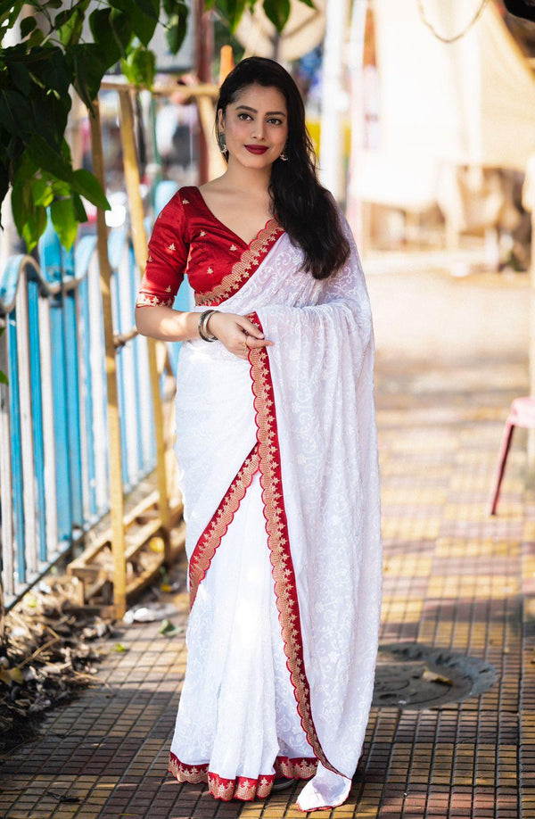 White Pure Georgette Woven Design Saree with Unstitched Blouse - Hiral Fashion - Distacart