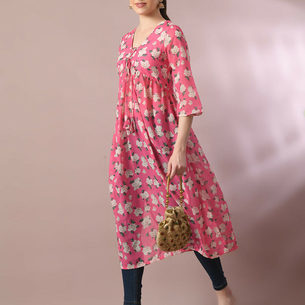 Myshka Women's Pink Printed Georgette A-Line Nyra-cut Kurta - Distacart