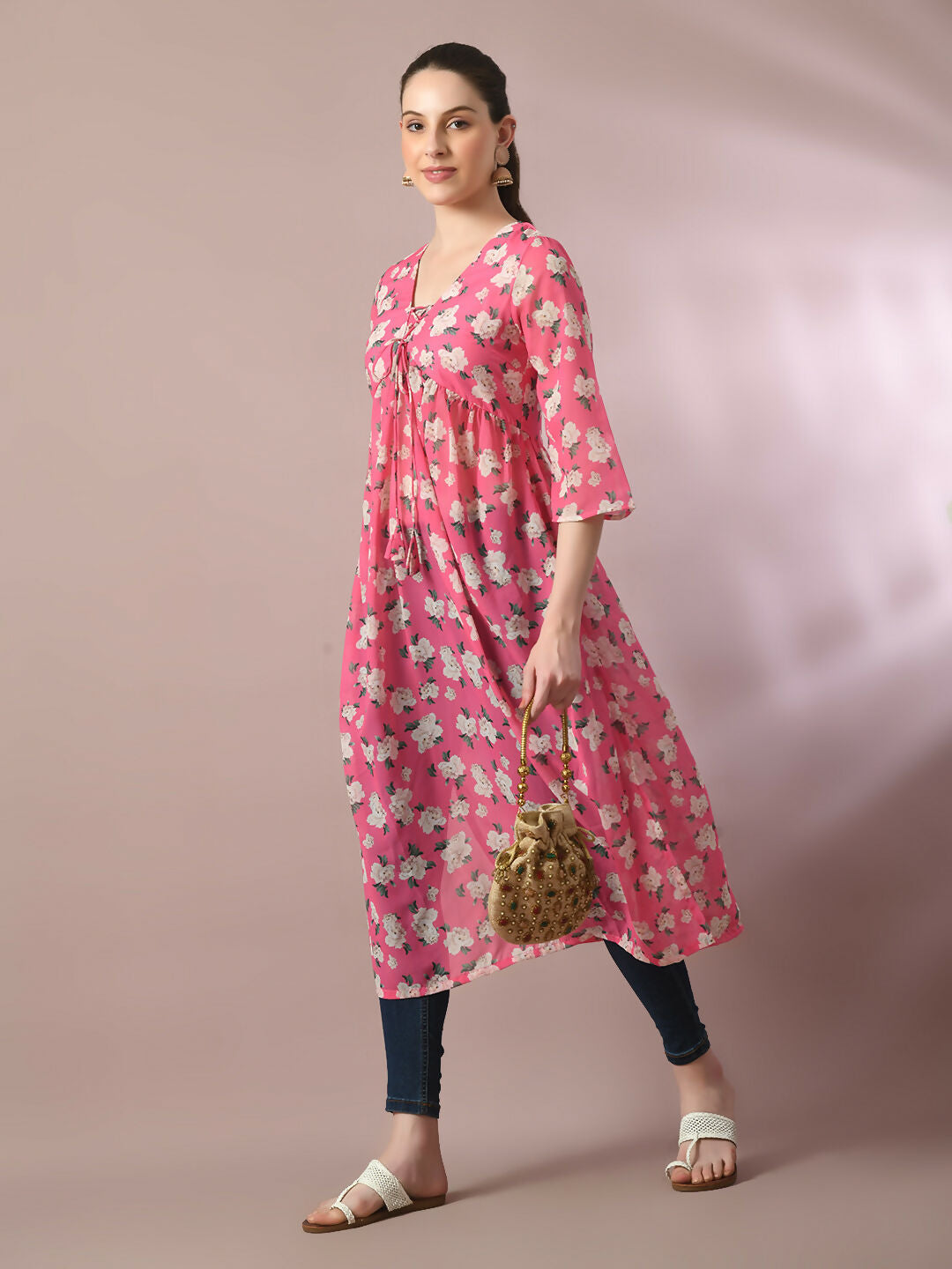 Myshka Women's Pink Printed Georgette A-Line Nyra-cut Kurta - Distacart