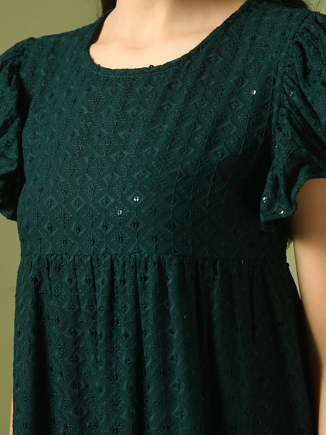 Myshka Women's Green Embroidered Cotton Round Neck A-Line Party Dress - Distacart