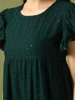 Thumbnail for Myshka Women's Green Embroidered Cotton Round Neck A-Line Party Dress - Distacart