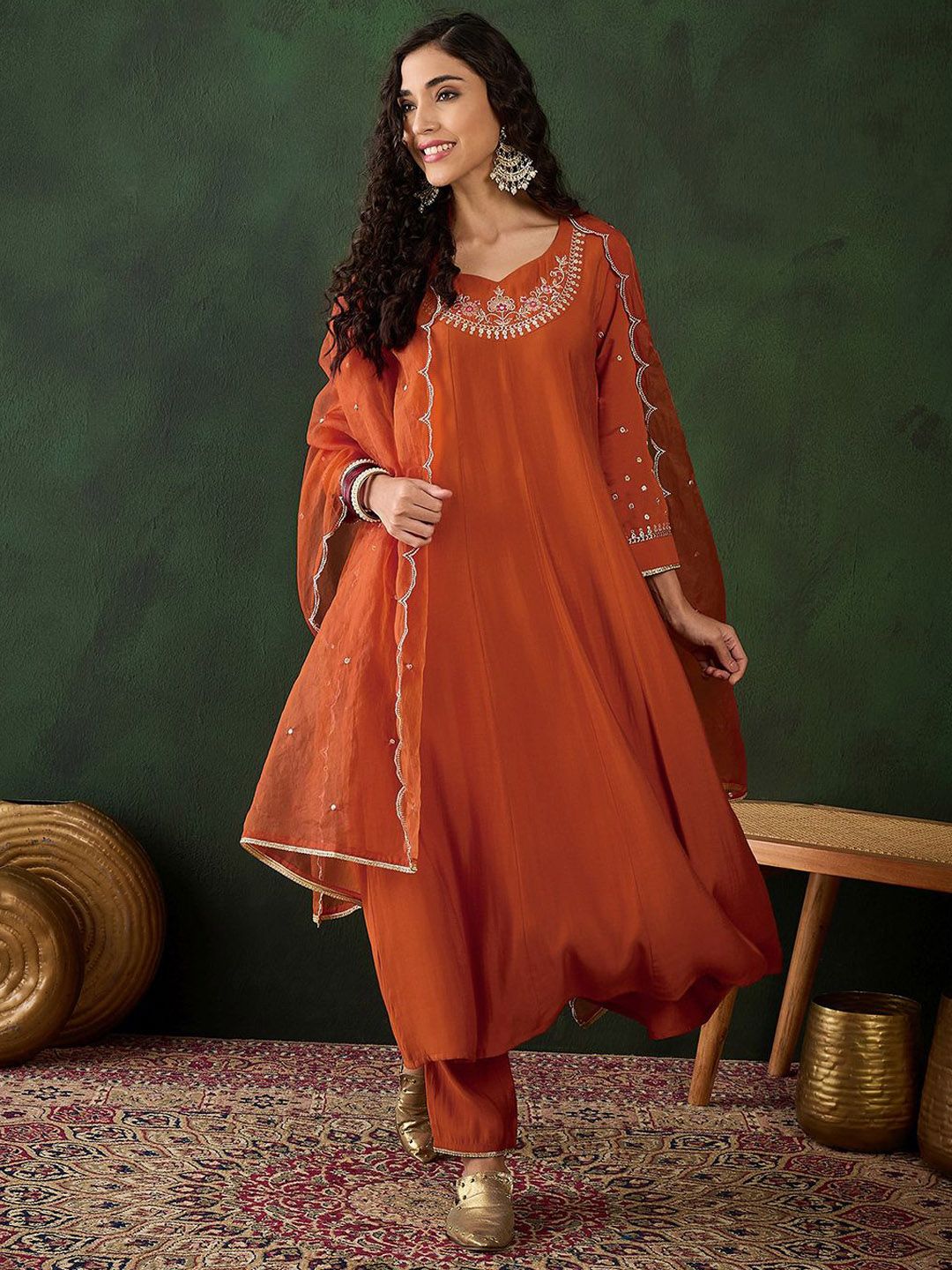Sangria Embroidered A-Line Kurta & Trousers With Dupatta