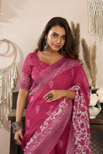 Thumbnail for Joban Fashion Pink Floral Linen Ready To Wear Saree With Unstitched Blouse - Distacart