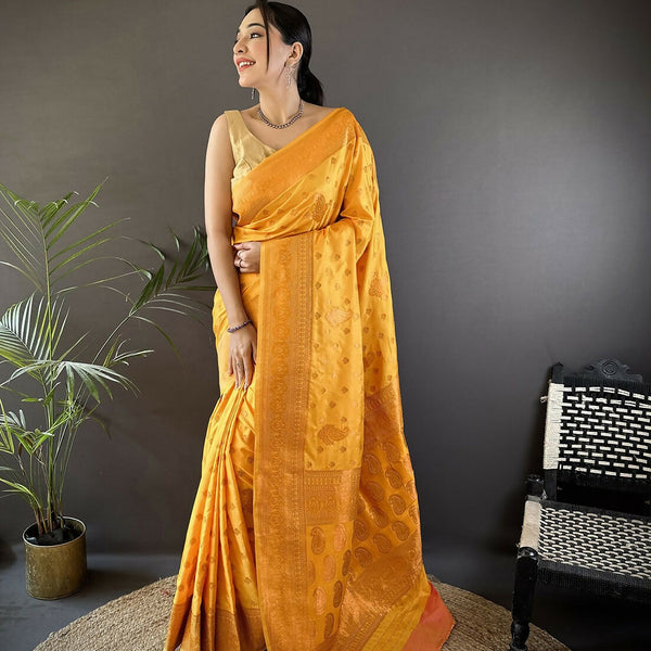 Joban Fashion Banarasi Orange Woven Woven Soft Silk Saree - Distacart
