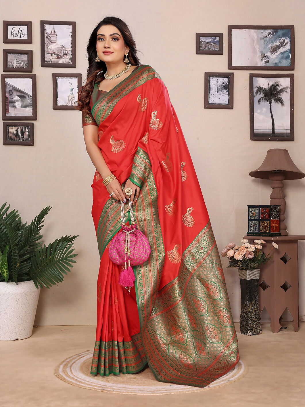 Joban Fashion Banarasi Red Small Butti Soft Silk Saree