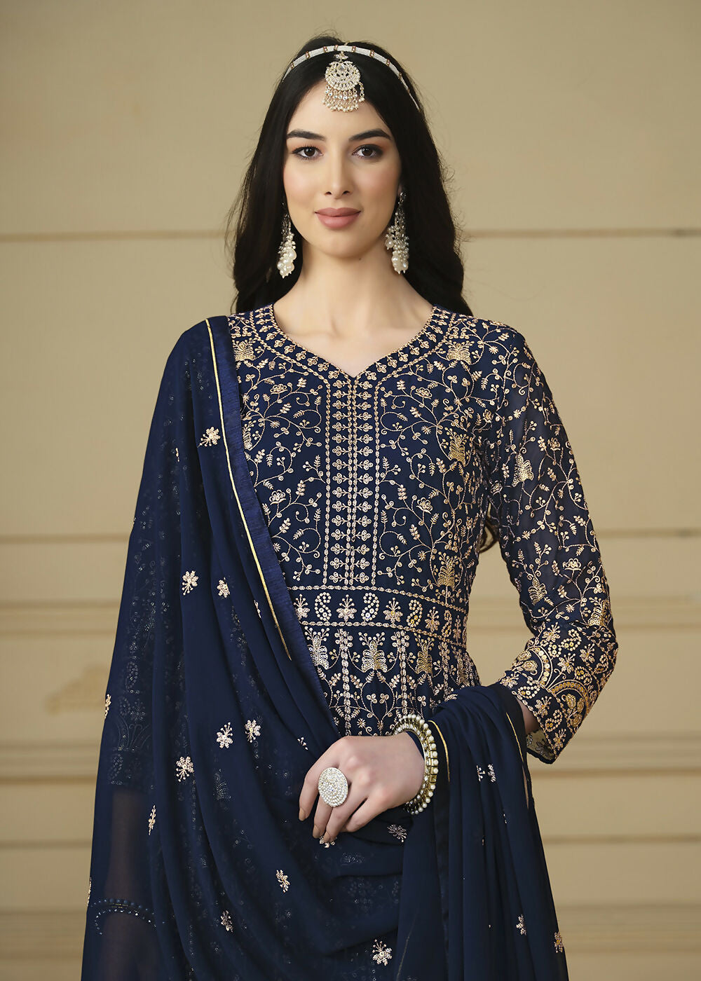 Navy Blue Embroidered Trendy Style Anarkali Suit - Emponline - Distacart