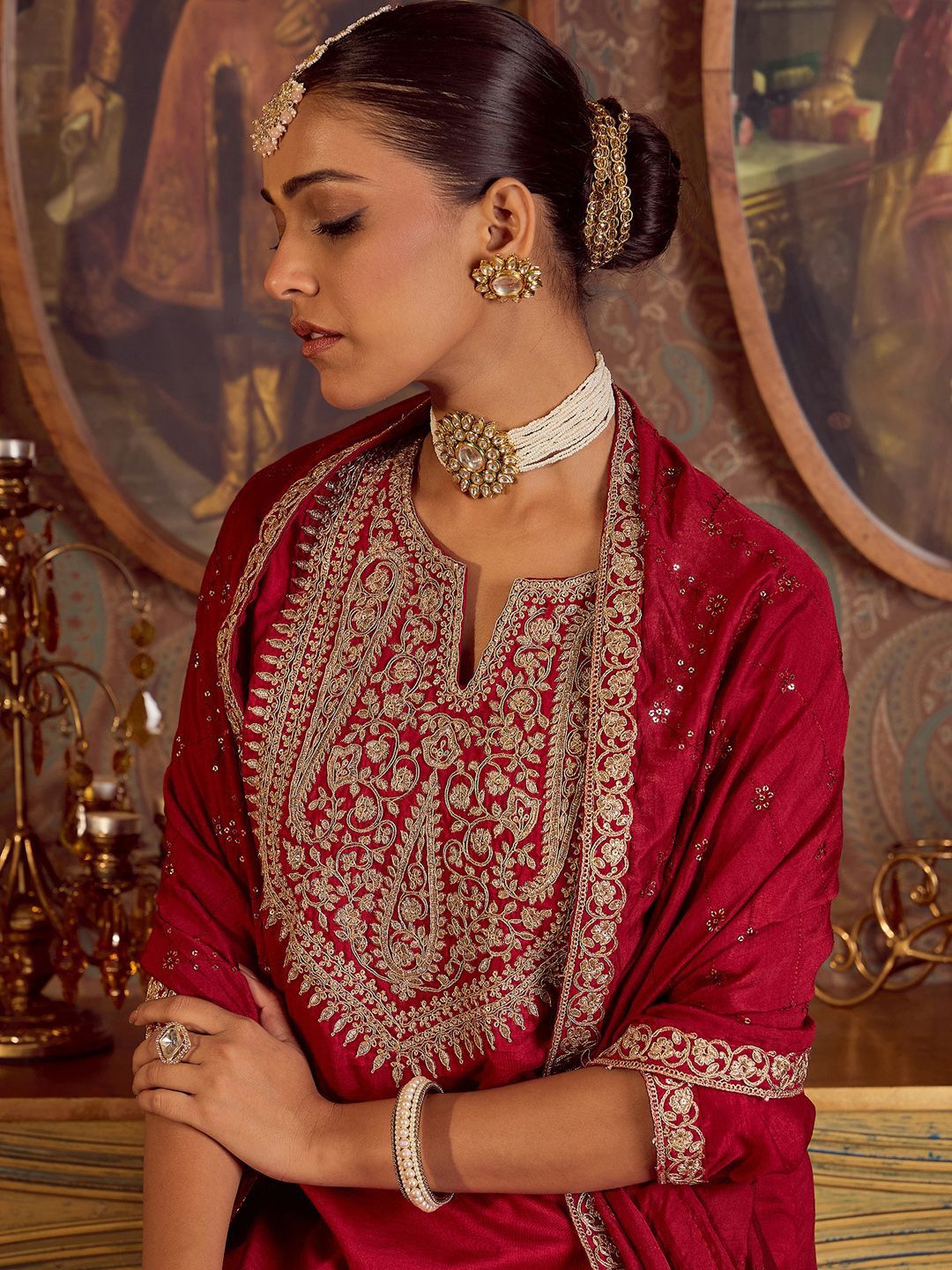 Indo Era Ethnic Floral Embroidered Zari Work Detail Regular Sleeves Round Neck Kurta Set - Distacart