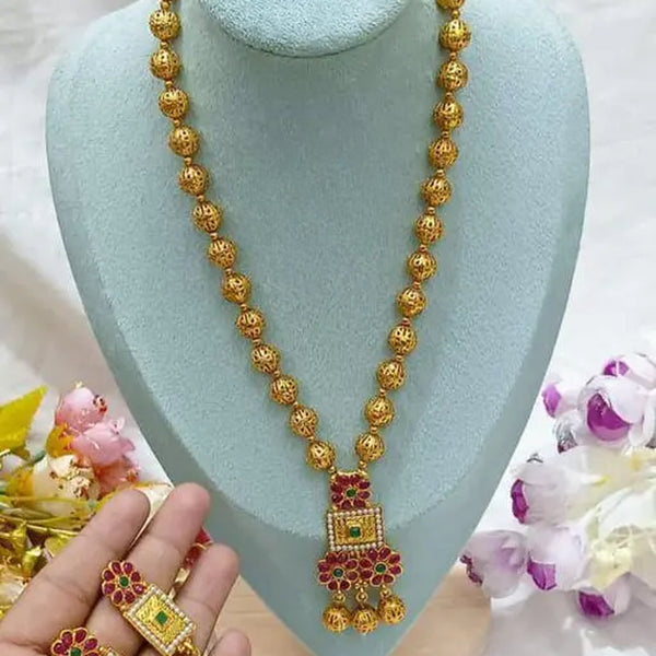 Jewel City Elegant Gold Beaded Necklace Set with Ruby and Emerald Pendant - Distacart