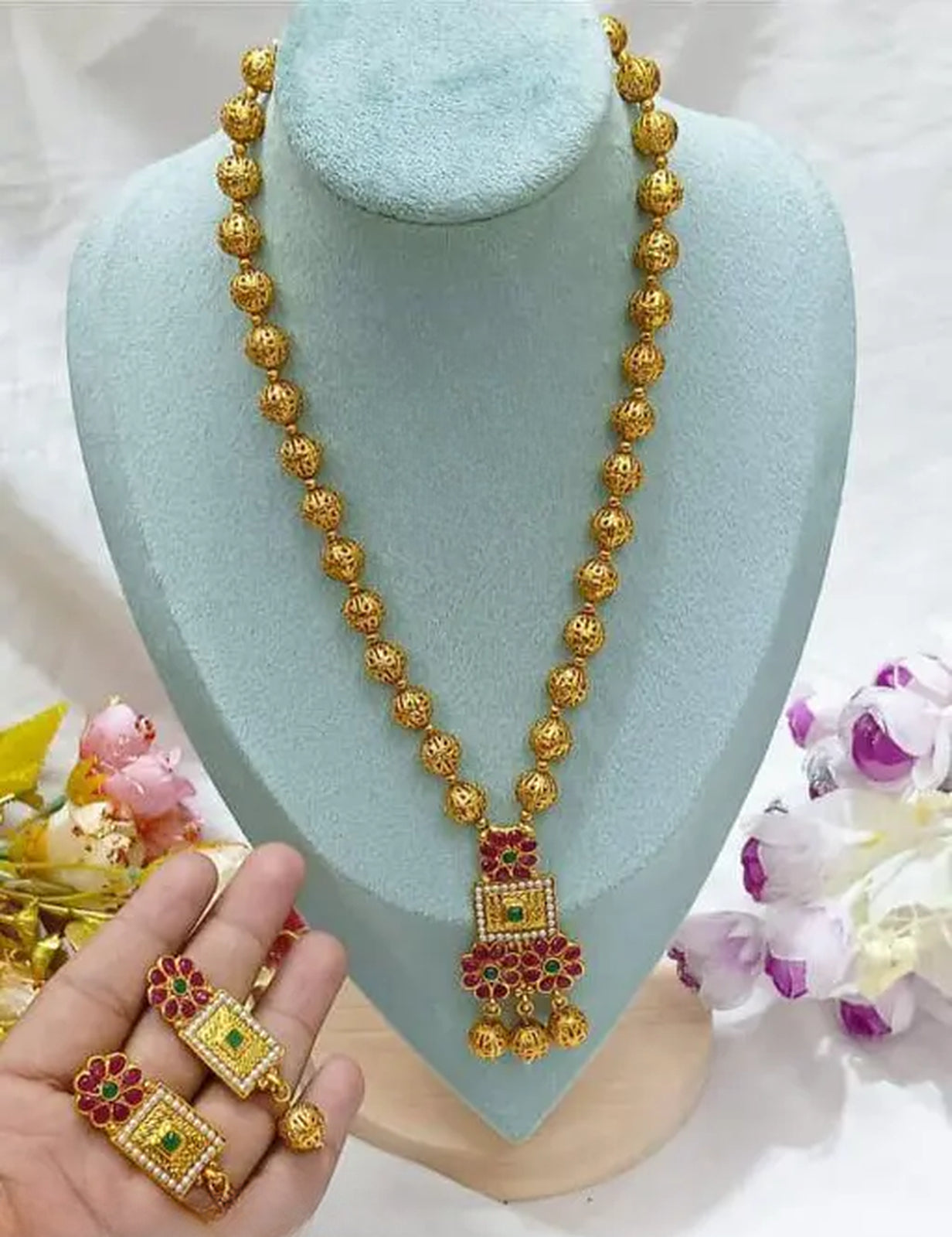 Jewel City Elegant Gold Beaded Necklace Set with Ruby and Emerald Pendant