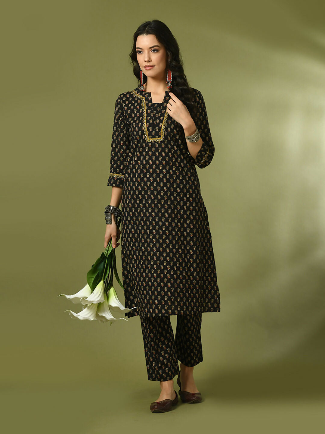 Myshka Women's Black Printed Cotton Straight Party Kurta Set - Distacart