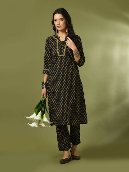 Myshka Women's Black Printed Cotton Straight Party Kurta Set - Distacart