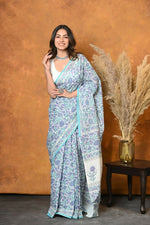 Thumbnail for Very Much Indian Handblock Printed Cotton Saree With Natural Dyes - White - Distacart