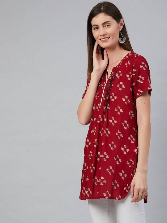 Anubhutee Maroon & White Geometric Printed Pleated Kurti - Distacart