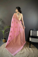 Thumbnail for Joban Fashion Pastel Pink Floral & Paisley  Linen Silk Banarasi Saree - Distacart