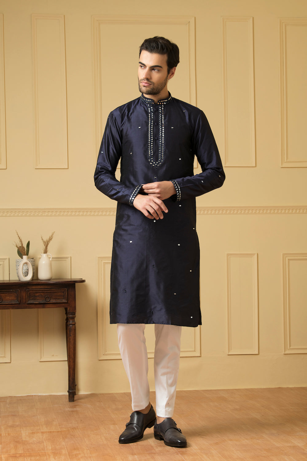 Mid Night Blue Silk Mirror Kurta by Hilo Design - Distacart