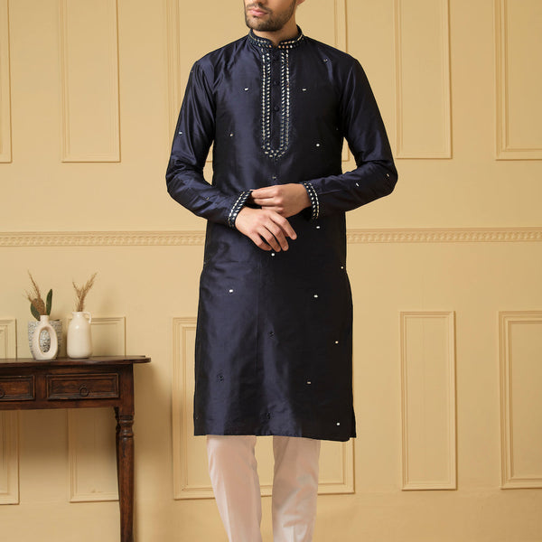 Mid Night Blue Silk Mirror Kurta by Hilo Design - Distacart