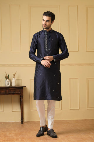 Mid Night Blue Silk Mirror Kurta by Hilo Design - Distacart