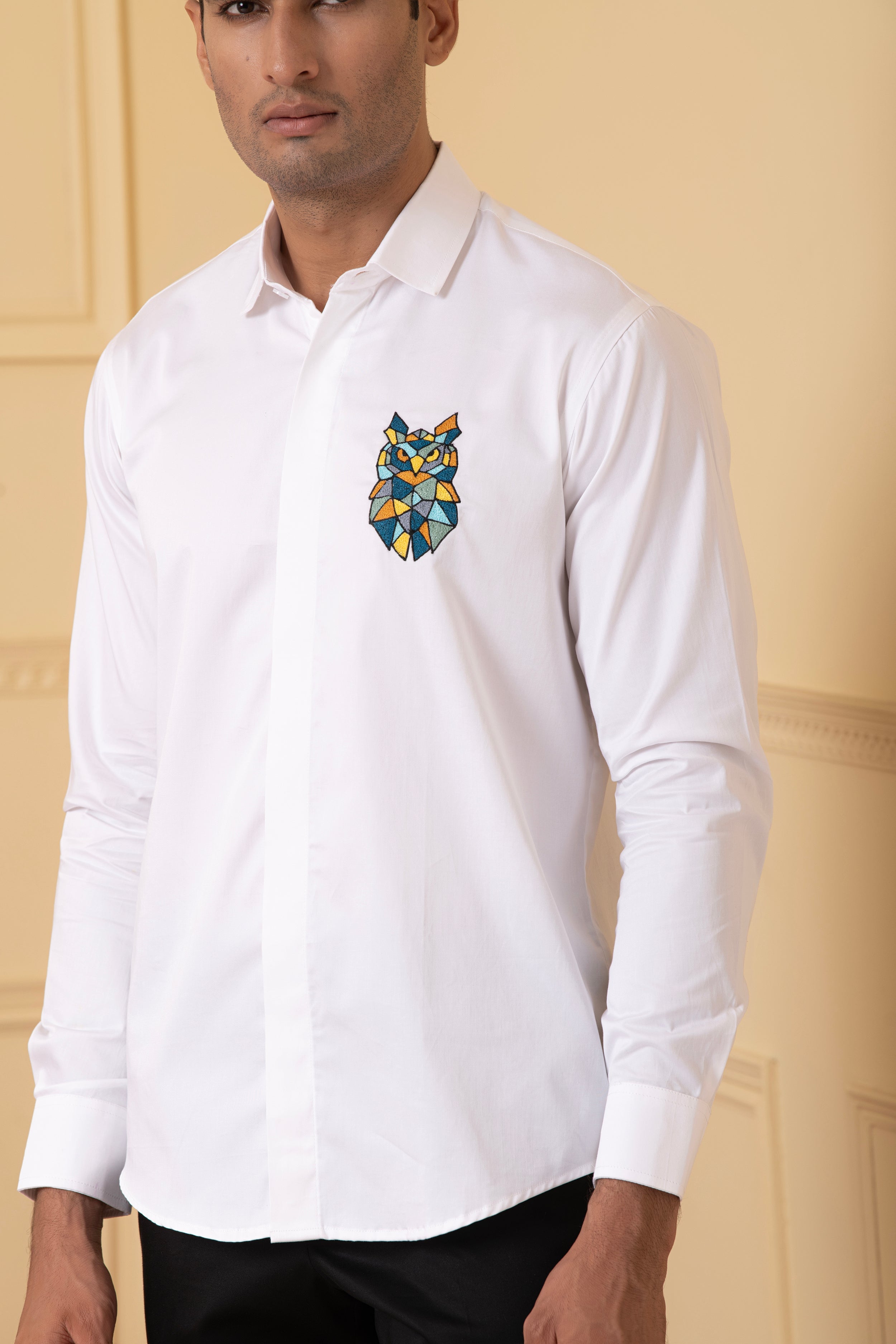 Owl Multicolor Thread Embroidery Shirt by Hilo Design - Distacart