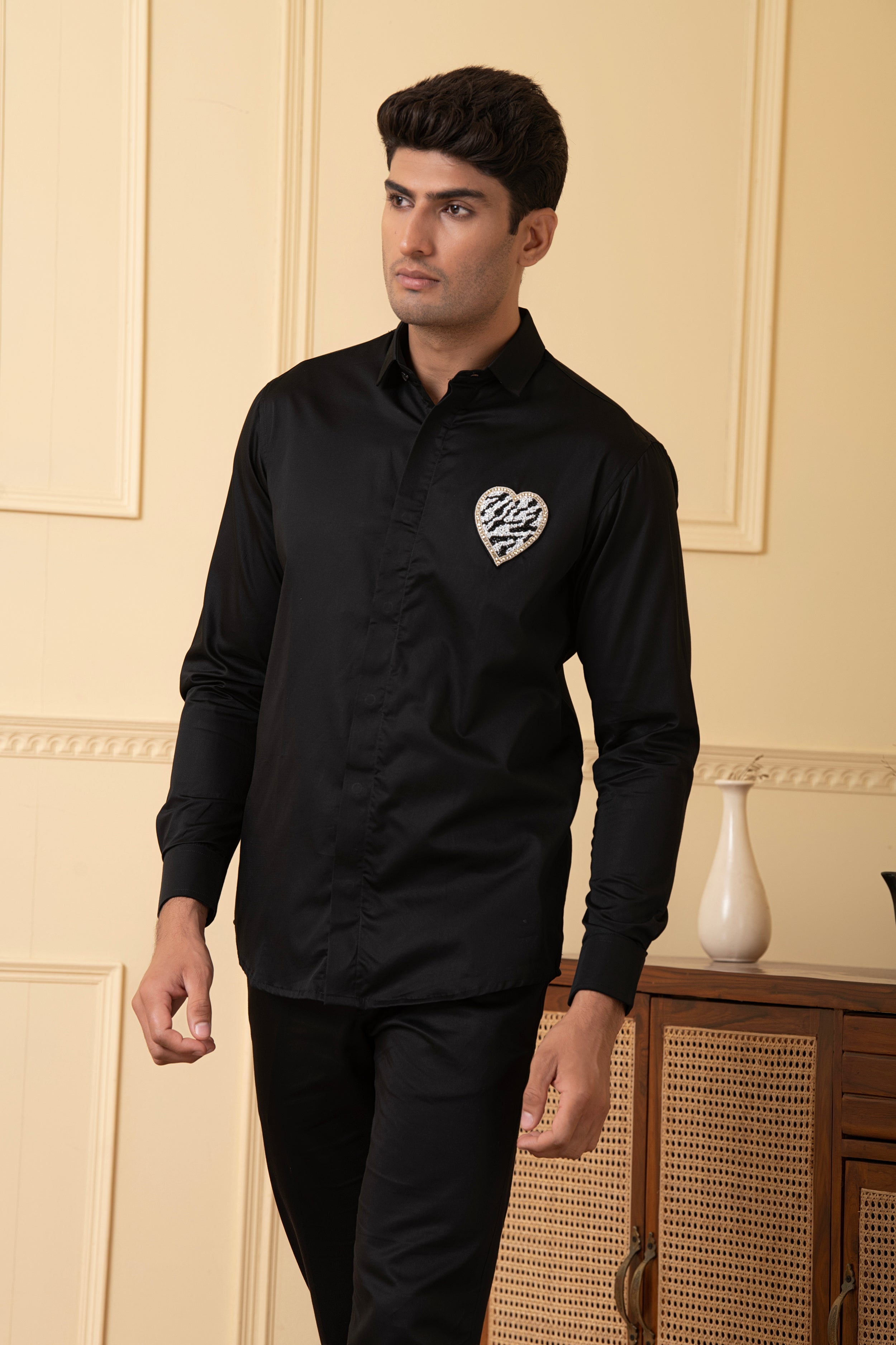 White And Black Heart Shaped Patch Shirt by Hilo Design - Distacart